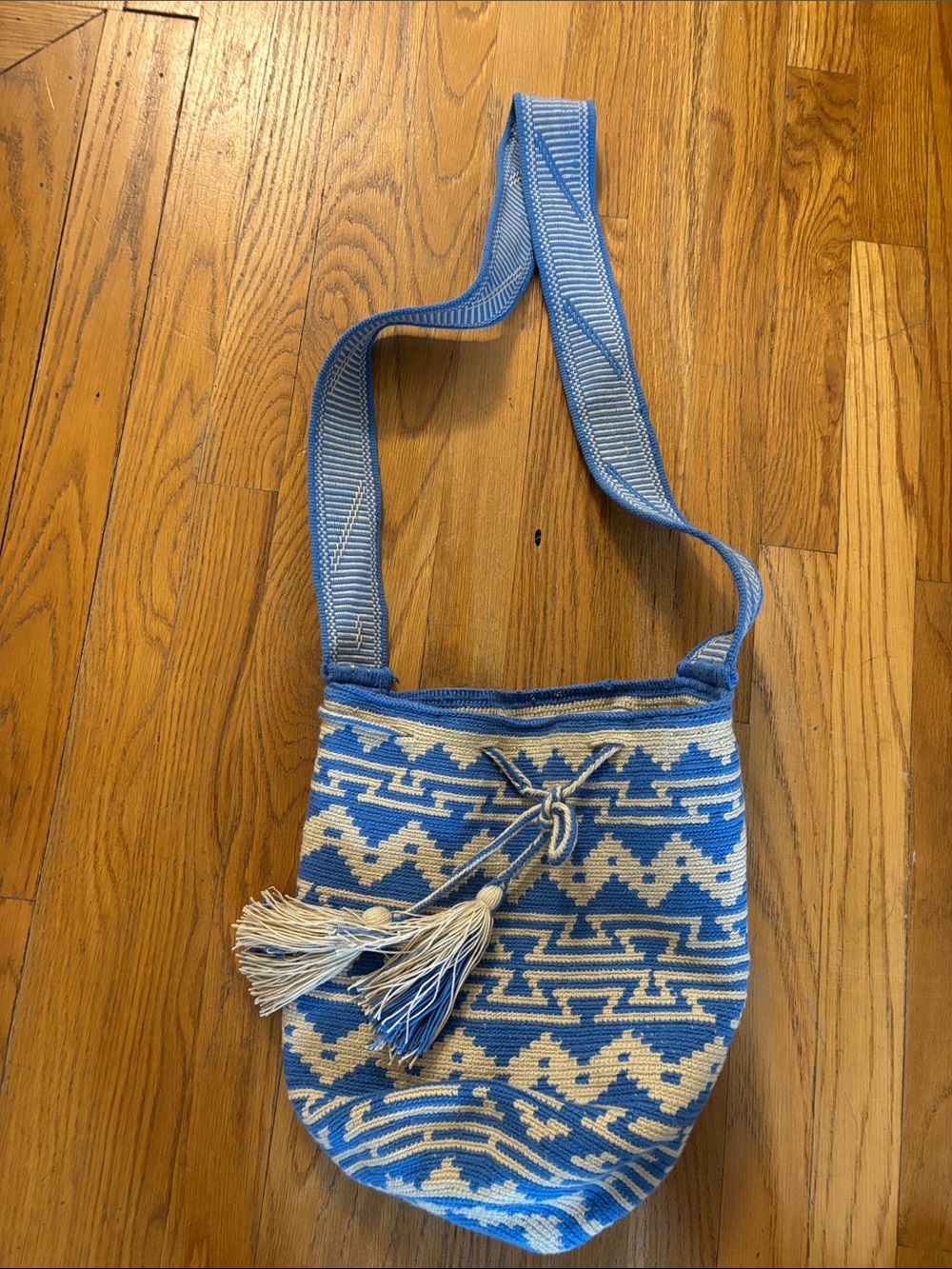 Blue and Cream Woven Crossbody Bag